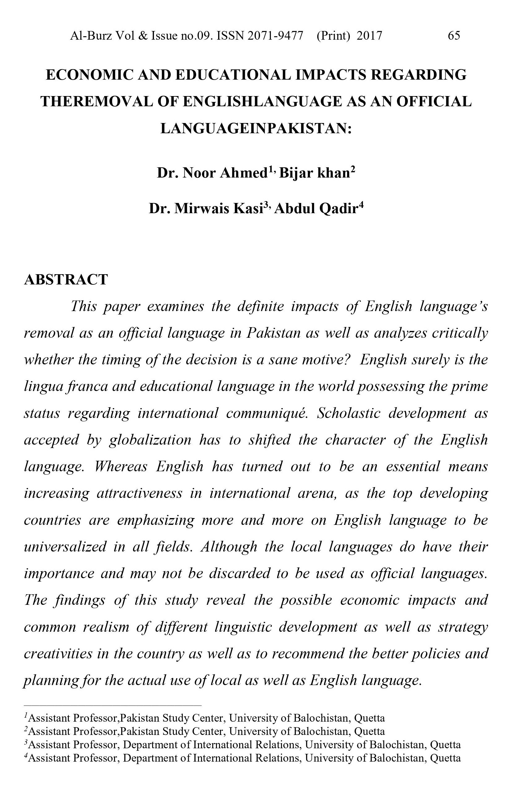 ECONOMIC AND EDUCATIONAL IMPACTS REGARDING THEREMOVAL OF ENGLISHLANGUAGE AS AN OFFICIAL LANGUAGEINPAKISTAN: