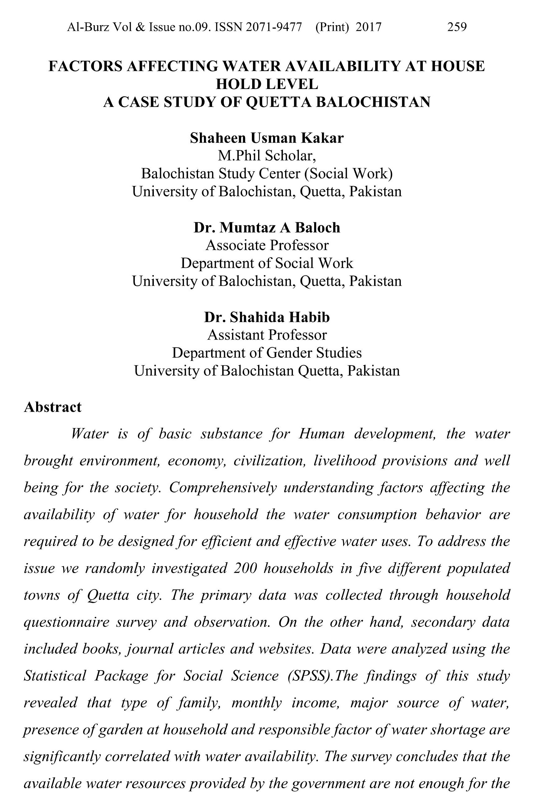 FACTORS AFFECTING WATER AVAILABILITY AT HOUSE HOLD LEVEL A CASE STUDY OF QUETTA BALOCHISTAN
