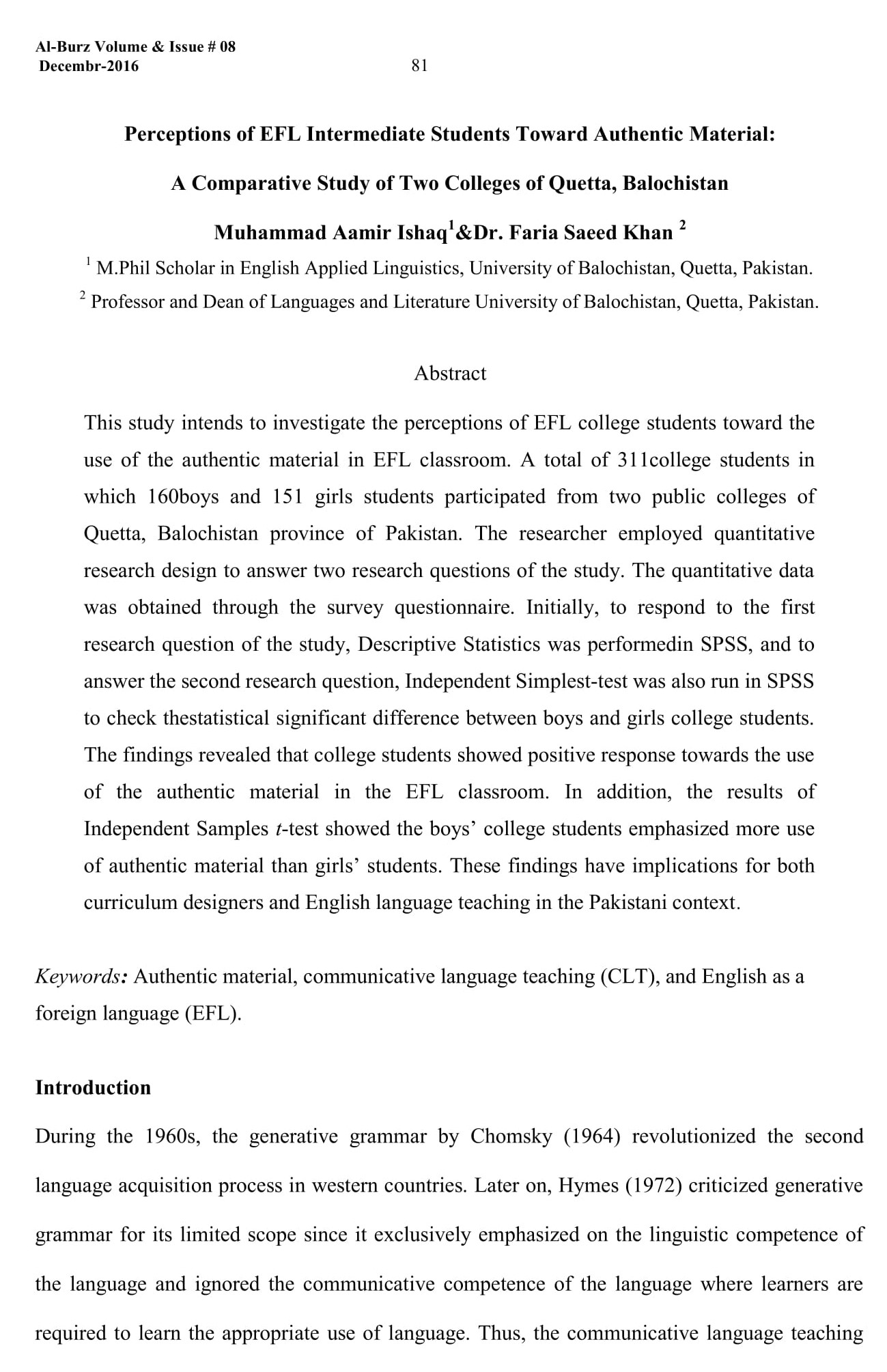 Perceptions of EFL Intermediate Students Toward Authentic Material: A Comparative Study of Two Colleges of Quetta, Balochistan