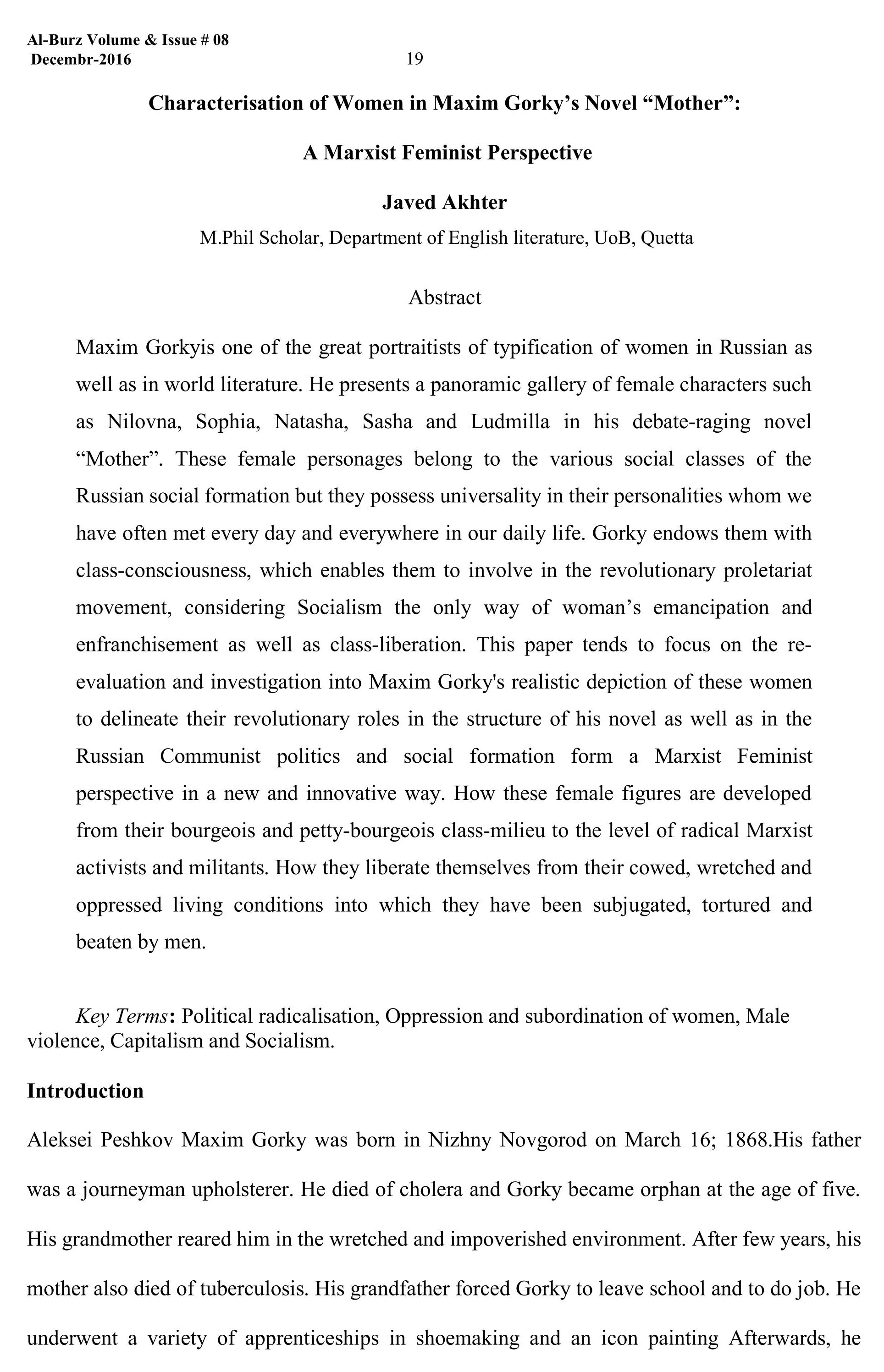 Characterisation of Women in Maxim Gorky’s Novel “Mother”:  A Marxist Feminist Perspective
